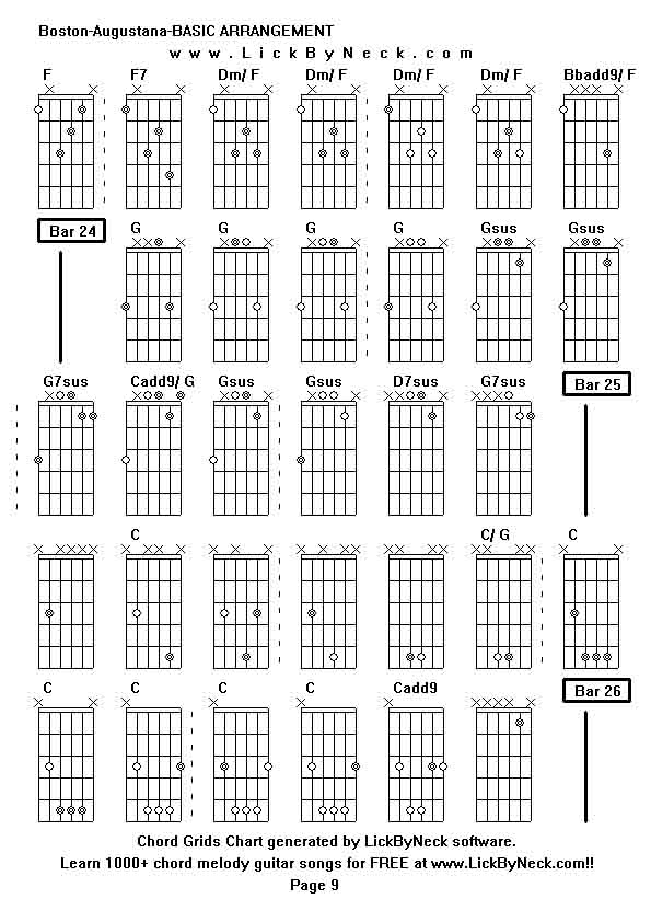 Chord Grids Chart of chord melody fingerstyle guitar song-Boston-Augustana-BASIC ARRANGEMENT,generated by LickByNeck software.